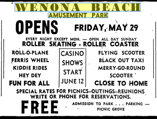 Wenona Beach Amusement Park (Wenona Beach, Wenonah Park) - May 1953 (newer photo)